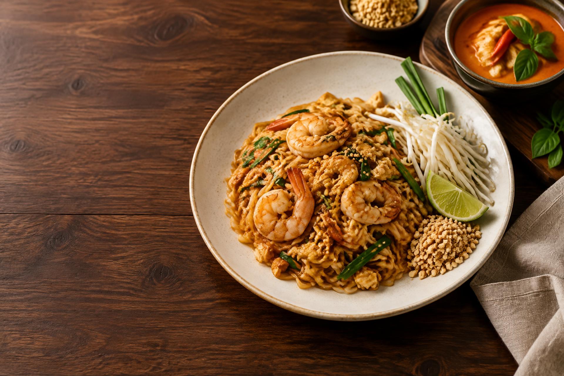 Illustrative Thai dining table with Phad Thai and curry